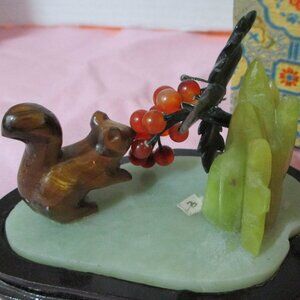 Squirrel Small Figurine Tiger Eye Jade and Stone with Original Box Wooden Base